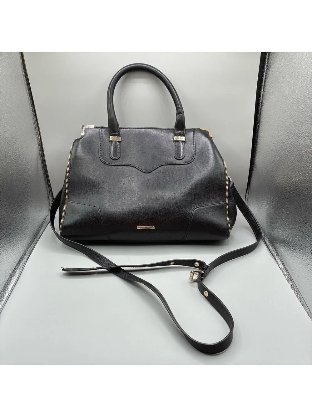 Rebecca Minkoff Amorous Satchel Handbag Black Satin Leather Crossbody